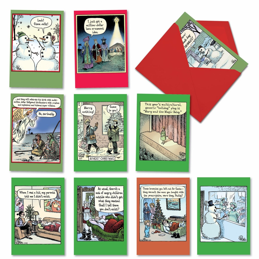 10 Assorted Set Funny Christmas Greeting Cards Bizarro by Piraro Holiday Illustrated Joke 
