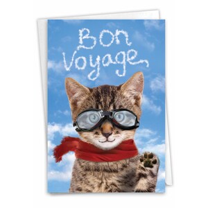 Funny Bon Voyage Greeting Card w/ Envelope (1 Card) Farewell, Good Luck Goodbye Cat, For Him For Her