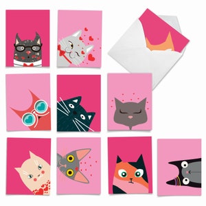 10 Assorted Valentine's Day Note Cards Bulk Set 4 x 5.12 Inch with Envelopes (10 Designs, 1 Each) Kitties and Kisses