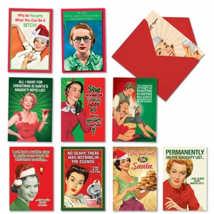 10 Pack Merry Christmas Cards w/ Envelopes - Naughty Is Nice, For Him For Her