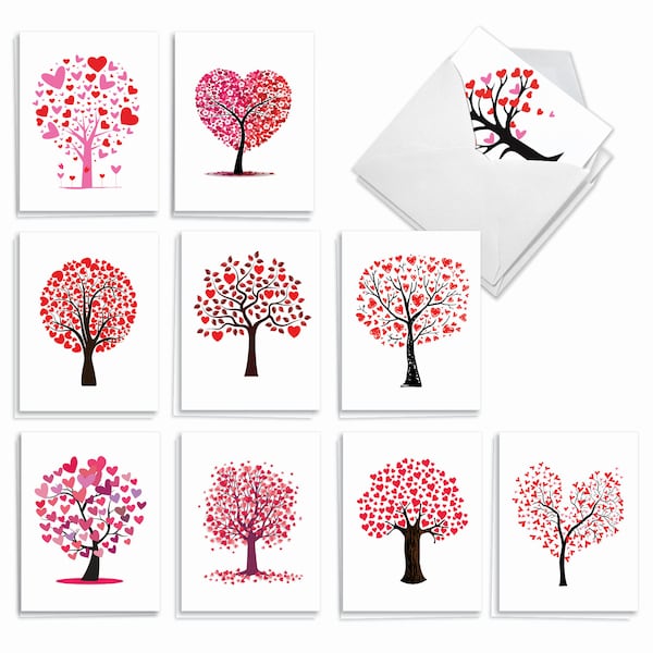 20 Assorted Valentines Day Card Pack (4 x 5.12 Inch) - 10 Designs, 2 Each - Love Trees AM3185VDG-B2x10