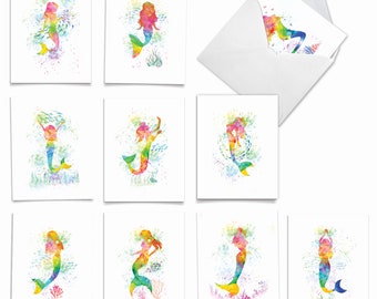 10 Assorted Blank Notecards Bulk Bulk Pack 4 x 5.12 Inch w/ Envelopes (10 Designs1 Each)  Funky Rainbow Mermaids, For Him For Her