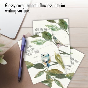 May include: Three cards with watercolor illustrations of birds and leaves. The cards feature bible verses: "You are the light", "Give thanks to the Lord, for he is good", and "Set your mind on things above".