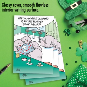 May include: A humorous greeting card with a cartoon illustration of a group of rocks in a bar. The text on the card reads "Are you in here claiming to be the Blarney Stone, again?!".