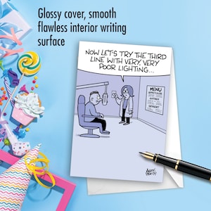 May include: A humorous cartoon greeting card with a light blue background. The card features a man sitting in a chair with a woman standing in front of him. The woman is turning off a light switch. The caption reads "Now let's try the third line with very, very poor lighting..."