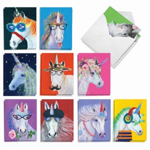 20 Assorted Blank All Occasions Notecards - Unique Unicorns - 10 Designs, 2 Each w/ Envelopes - AM7186OCB-B2X10