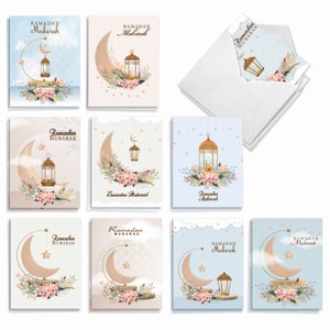 20 Assorted Ramadan Notecards Set 4x5.12&quot; w/ Envelopes (10 Designs, 2 Each) Ramadan Crescent Flowers