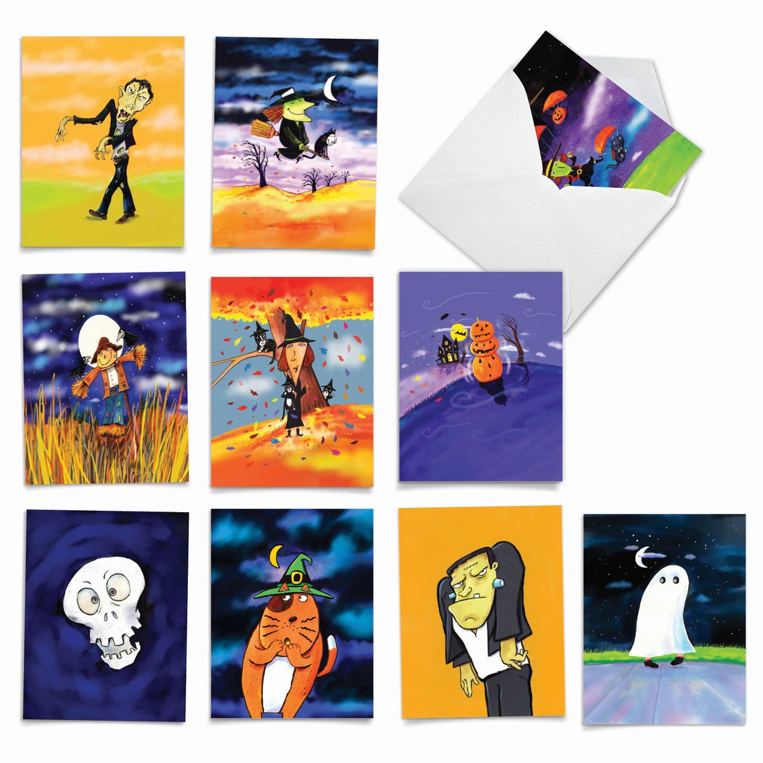 10 Assorted Humorous Halloween Note Cards Packed Set 4 X 5.12 Inch With ...