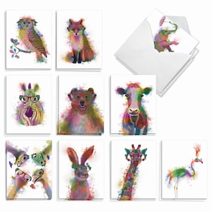 May include: Set of 10 greeting cards featuring colorful watercolor illustrations of animals wearing glasses. The animals include an owl, fox, zebra, bear, cow, ostrich, hare, giraffe, flamingo, and elephant.