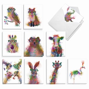 20 Assorted Blank Notes Bulk Pack 4 x 5.12 Inch with Envelopes (10 Designs2 Each)  Funky Rainbow Wildlife