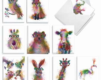 20 Assorted Blank Notes Bulk Pack 4 x 5.12 Inch with Envelopes (10 Designs2 Each)  Funky Rainbow Wildlife