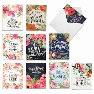 May include: A collection of nine rectangular greeting cards featuring floral illustrations and inspirational text. Each card displays unique calligraphy and colorful flower motifs in shades of pink, red, orange, and green against white or dark backgrounds.