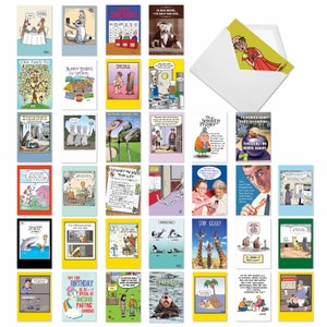 36 Assorted  Set Funny Birthday Greeting Cards - Birthday Favorites - Cartoons and Pictures of Animals, Seniors, and Fantasy Creatures