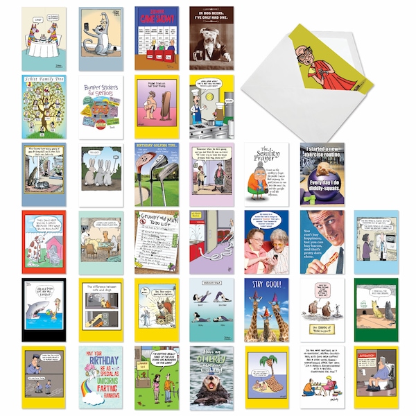 36 Assorted  Set Funny Birthday Greeting Cards - Birthday Favorites - Cartoons and Pictures of Animals, Seniors, and Fantasy Creatures