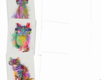 10 Assorted Blank Notecards Bulk Pack 4 x 5.12 Inch w/ Envelopes (10 Designs1 Each)  Funky Rainbow Cats, For Him For Her