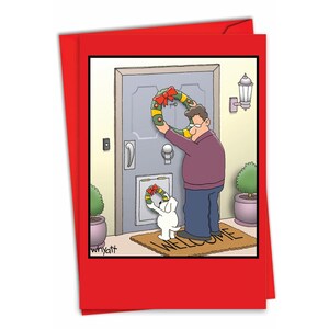 1 Funny Christmas Greeting Card w/Envelope - Merry Christmas Holiday Dog Wreath - Man and Dog Decorating Doors, For Him For Her - NobleWorks