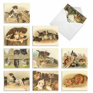 Cutey Cats10 Assorted Thank You Note Cards (4 x 5.12 Inch) Retro Pack of Cat Thank Yous with Envelopes