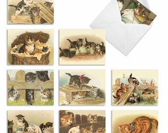 Cutey Cats10 Assorted Thank You Note Cards (4 x 5.12 Inch) Retro Pack of Cat Thank Yous with Envelopes