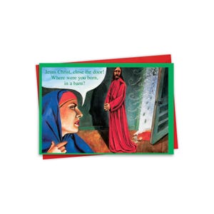 1 Funny Christmas Card w/ Envelope - Merry Christmas Holiday Born In A Barn - Ancient Woman Yelling at Jesus, For Him For Her - NobleWorks