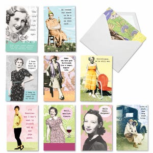 10 Assorted  Set Funny Birthday Greeting Cards - Debbie Tomassi&#39;s Badass Broads - Vintage Funny and Sassy Women Illustrations