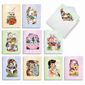 May include: A collection of ten rectangular greeting cards featuring vintage-style illustrations of rabbits, chicks, and children. The cards display pastel backgrounds and various Easter-themed motifs, including eggs, flowers, and baskets, with some cards showing text like Happy Easter.