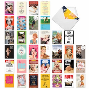 May include: A collection of forty-two rectangular greeting cards featuring vintage-style illustrations, humorous text, and colorful designs, accompanied by a single white envelope containing a card with a yellow graphic and blue text.