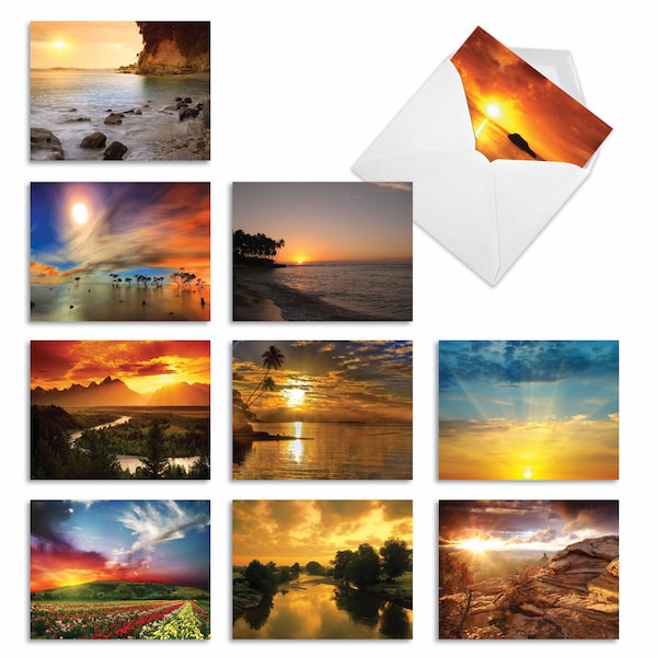 10 Assorted Blank Notes Set 4 x 5.12 Inch w/ Envelopes (10 Designs, 1 Each) SUN SETTINGS: 10 Assorted Blank Note Cards., For Him For Her