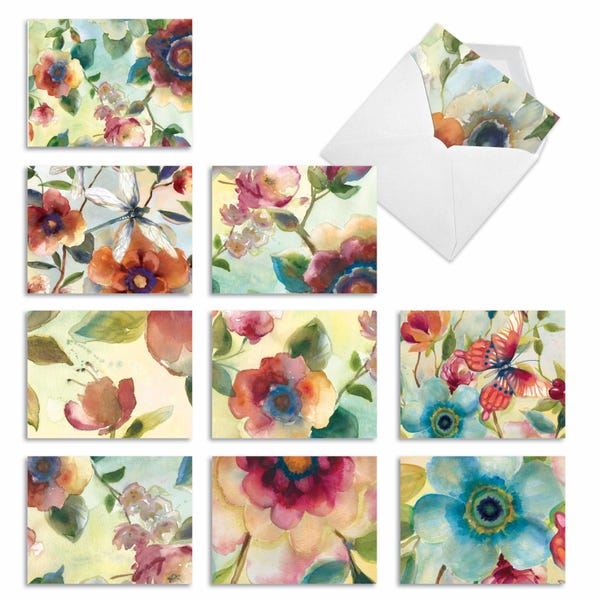 10 Assorted Blank All Occasions Notecards - Watercolor Botanicals - 10 Designs w/ Envelopes - M3314
