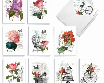 20 Assorted Blank Note Cards Bulk Pack 4 x 5.12 Inch w/ Envelopes (10 Designs2 Each)  Vintage Blooms, For Him For Her