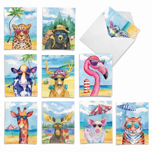 10 Assorted Blank Notecards Bulk Bulk Pack 4 x 5.12 Inch with Envelopes (10 Designs1 Each)  Animals Day Off