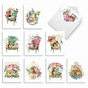 20 Assorted Blank Notecards Bulk Pack 4 x 5.12 Inch w/ Envelopes (10 Designs2 Each)  Victorian Blooms and Bunnies, For Him For Her