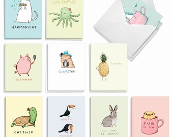 20 Assorted Blank All Occasions Notecards Bulk Pack 4 x 5.12 Inch with Envelopes (10 Designs2 Each)  Punimals