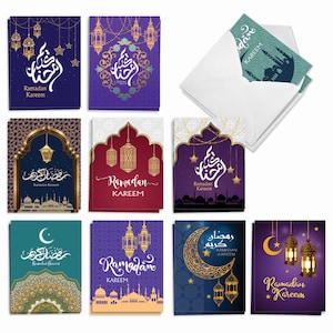 May include: A set of eight greeting cards with different designs featuring Islamic calligraphy, lanterns, and crescent moons. The cards are decorated with gold accents and have the text "Ramadan Kareem" on them.