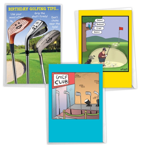 Assortment Pack of 3 Funny Birthday Greeting Cards with Envelopes (3 Designs, 1 Each) Golf Gags - Animated Golf Scenes with Clubs and Bird