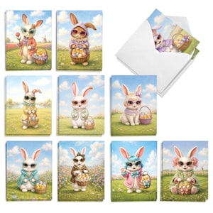 May include: A collection of nine rectangular greeting cards featuring illustrations of anthropomorphic rabbits wearing glasses and colorful outfits, each holding a woven basket filled with small yellow chicks and pastel-colored Easter eggs.