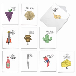 10 Assorted Blank All Occasions Note Cards Pack Set 4 x 5.12 Inch w/ Envelopes (10 Designs, 1 Each) FUN PUNS, For Him For Her