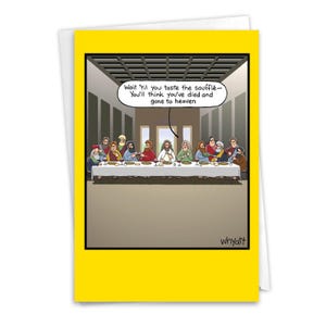 Funny Birthday Greeting Card w/ Envelope (1 Card) Bday Taste Souffle - Jesus Christ and Disciples at Last Supper, For Him For Her