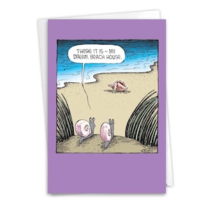 Funny New Home Greeting Card w/ Envelope - Dream Beach House - Two Snails Looking at Seashell on Shore, For Him For Her