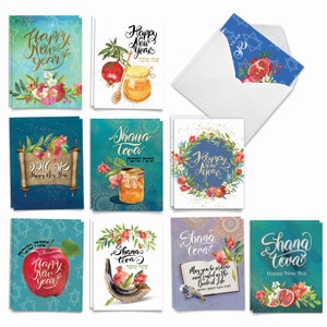 20 Assorted Rosh Hashanah Notecards Bulk Pack 4 x 5.12 Inch with Envelopes (10 Designs2 Each)  Sweet New Year