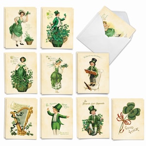 20 Assorted St. Patrick&#39;s Day Notecards Bulk Set 4x5.12&quot; w/ Envelopes (10 Designs, 2 Each) Irish Vintage - NobleWorks