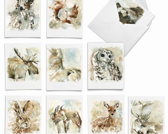 10 Assorted Blank Note Cards  Set 4 x 5.12 Inch with Envelopes (10 Designs, 1 Each) WATERCOLOR WILDLIFE: Assorted Pack Of 10 Mini No...