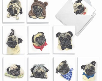 20 Assorted Thank You NotecardsSet 4 x 5.12 Inch with Envelopes (10 Designs, 2 Each) Snuggle Pugs