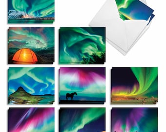 Paquete de 20 tarjetas en blanco surtidas de 4 x 5,12 pulgadas con sobres (10 diseños, 2 cada una) Aurora Borealis, para él y para ella