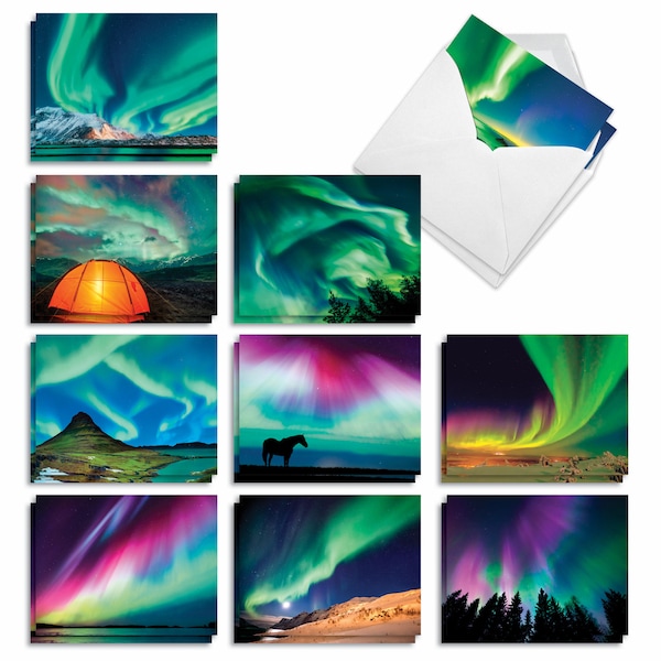 20 Assorted Blank Notecards Bulk Pack 4 x 5.12 Inch w/ Envelopes (10 Designs2 Each)  Aurora Borealis, For Him For Her