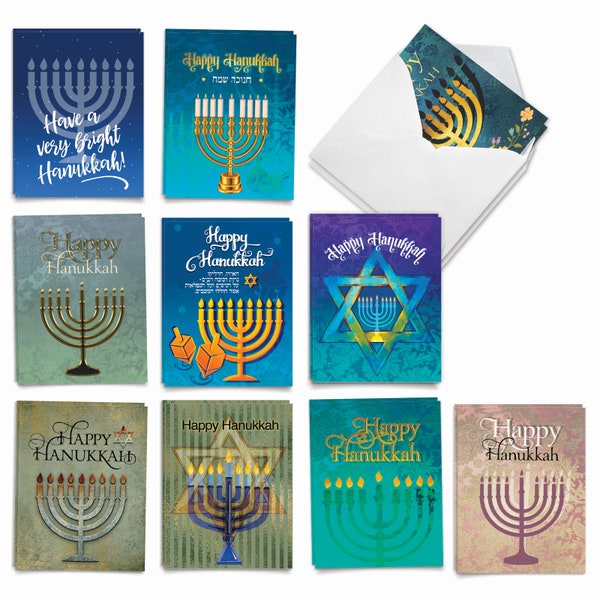 10 Assorted Chanukah Notecards Bulk Pack 4 x 5.12 Inch w/ Envelopes (10 Designs1 Each)  Hanukkah Lights, For Him For Her