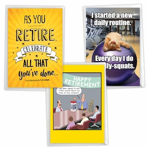 Assortment Pack of 3 Funny Retirement Greeting Cards with Envelopes (3 Designs, 1 Each) Retirement Smiles, For Him For Her