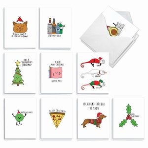 20 Assorted Christmas Notecards Bulk Pack 4 x 5.12 Inch w/ Envelopes (10 Designs2 Each)  Fun Christmas Puns, For Him For Her