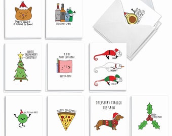 20 Assorted Christmas Notecards Bulk Pack 4 x 5.12 Inch w/ Envelopes (10 Designs2 Each)  Fun Christmas Puns, For Him For Her