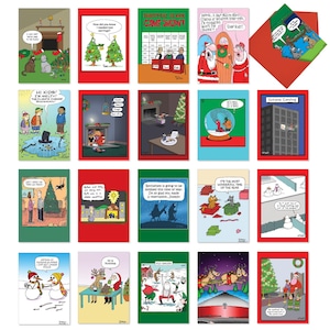 May include: A collection of Christmas-themed greeting cards with various cartoon illustrations. The cards feature humorous scenes with Santa Claus, snowmen, cats, and Christmas trees. Some cards have text like "Christmas Game Show" and "Extreme Conoling".