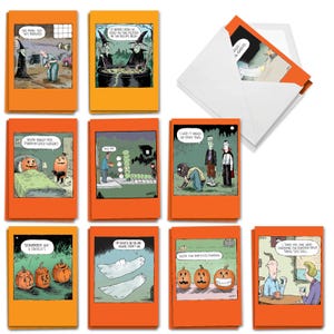 20 Assorted Funny Halloween Greeting Cards (10 Designs) Spooky Coverly | Pumpkins, Monsters Witches, Ghosts, Pumpkin Spice | Made in the USA